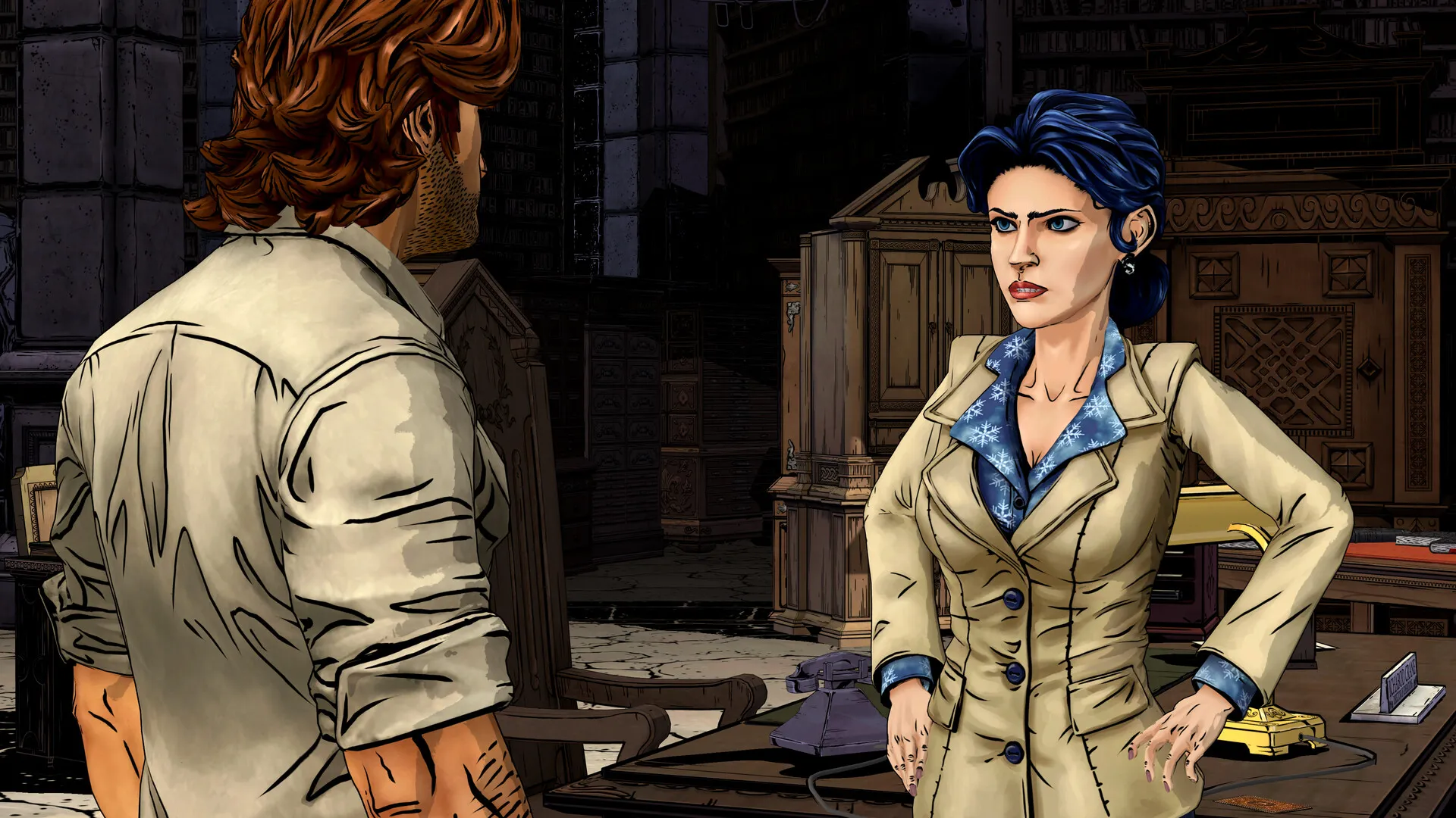 Bigby Wolf, seen from behind on the left, facing a dark-haired woman in a beige trench coat with her hands on her hips in a dim room.